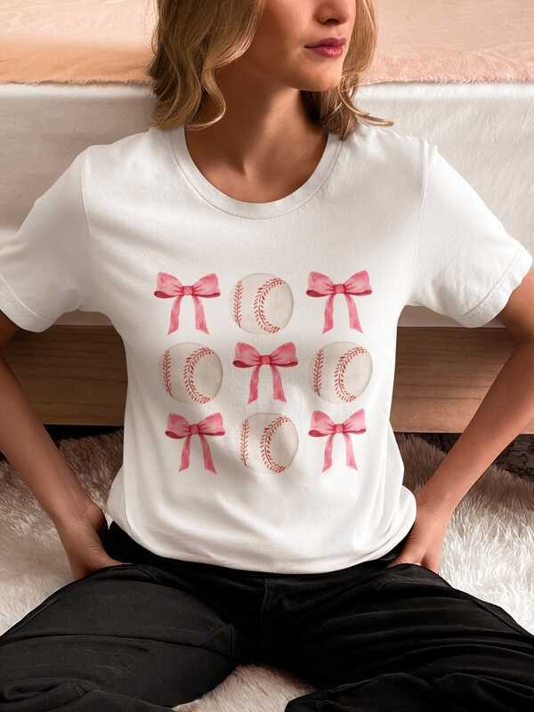 Camiseta de Beisebol e Laços, Camiseta de Mãe de Beisebol, Estética Coquete, Camiseta Rosa Feminina