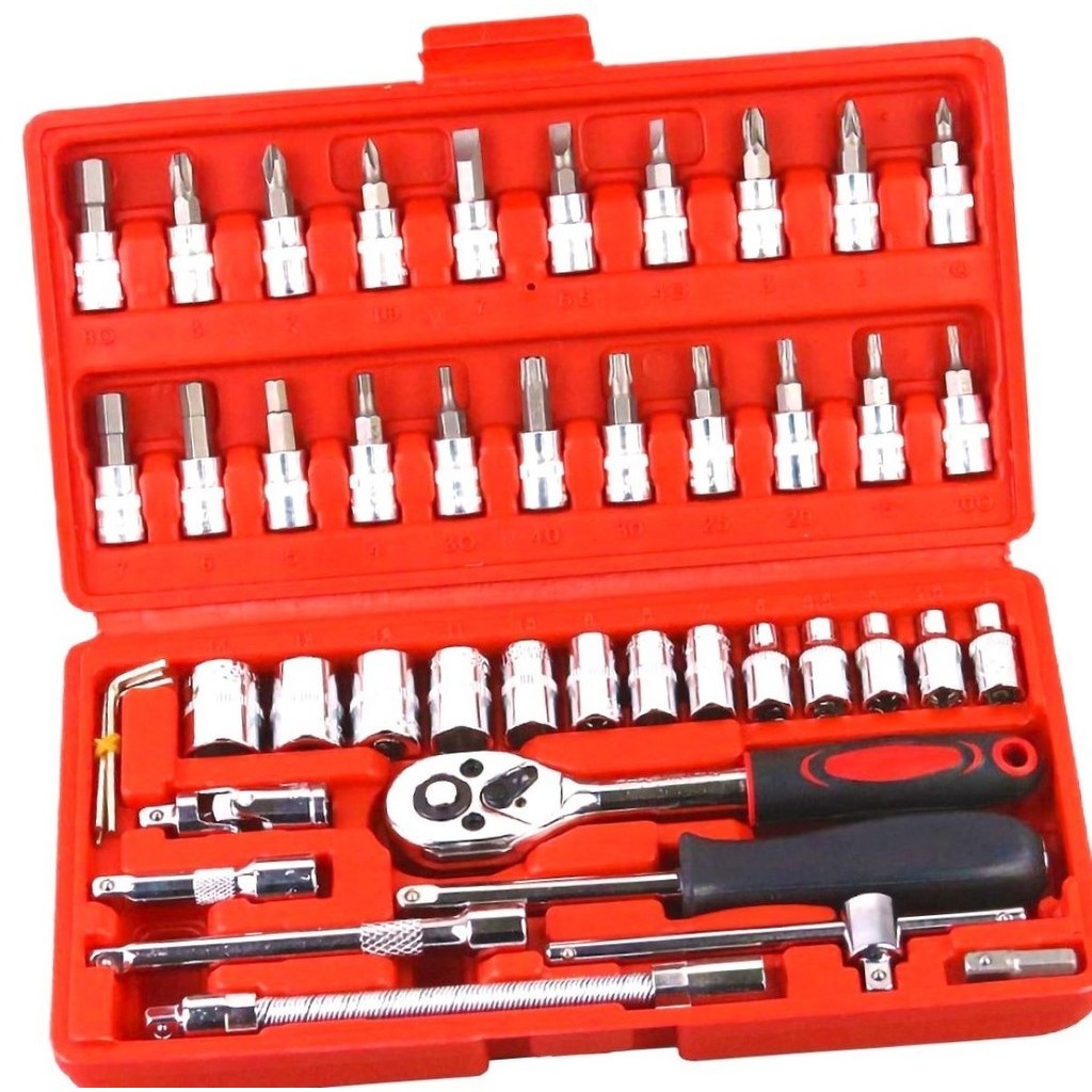 Kit Ferramentas 46 Pçs Soquetes Chave Catraca Jogo Allen Torx Sextavado Aço Cromo Vanadio com Estojo