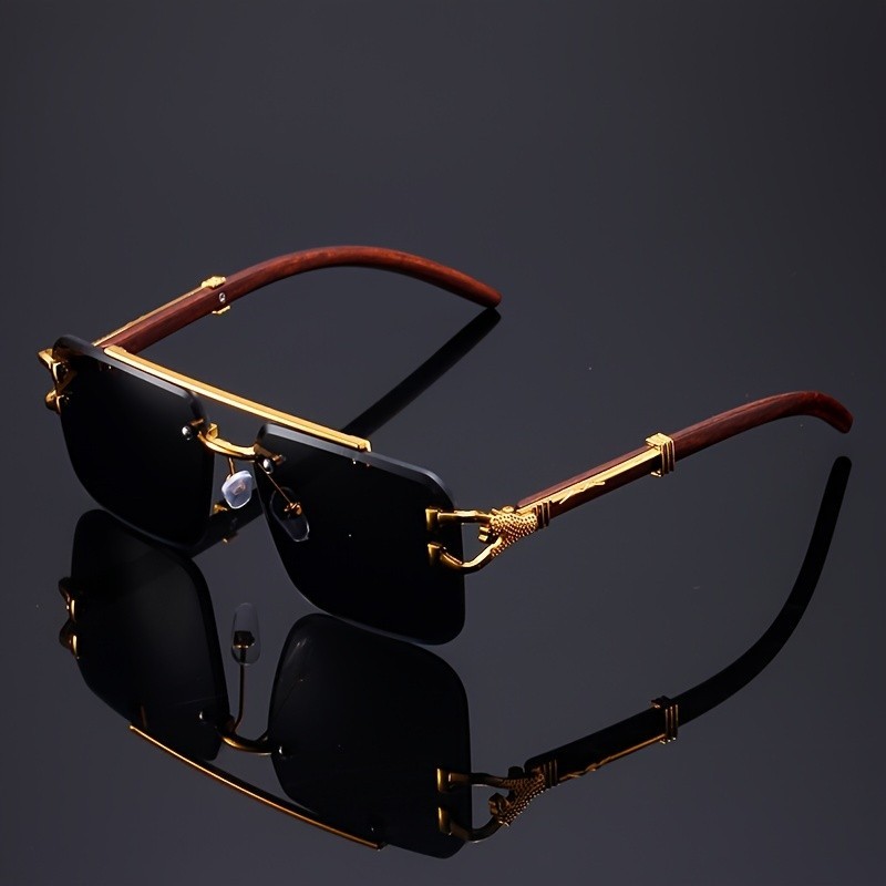 Óculos de Sol Sem Armação para Homens e Mulheres, Lentes de PC Antirreflexo, Armação de Metal, Detalhe em Madeira, Apliq