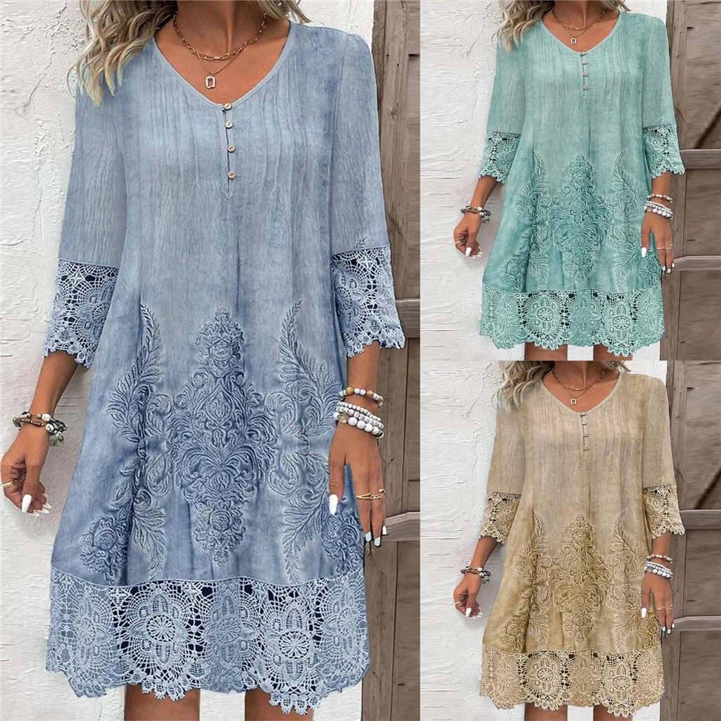 Vestido de Moda Primavera Outono v-Neck Fashion Lace Print Ladies