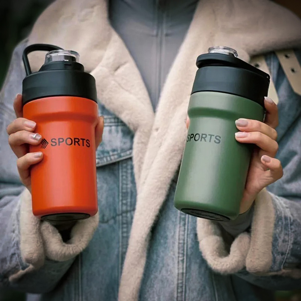 JS Garrafa Térmica Quente Frio Com canudo Copo Inox 500ml Alça Esporte Academia Verde