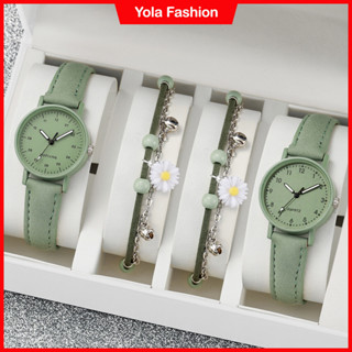 Relógio De Moda Feminino Conjunto Gêmeos De Couro Verde Pulseira Margarida 4PCS em Oferta na Shopee