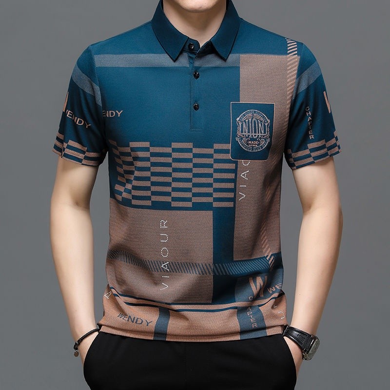 Camisa polo de manga curta estampada coreana adequada para homens idosos de meia-idade