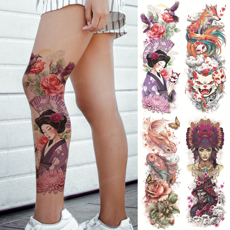 Tamanho Grande Braço Cheio Manga Perna Tatuagem Temporária Adesivos Japonês Gueixa Raposa Peônia Dragão Arte Do Corpo Fe