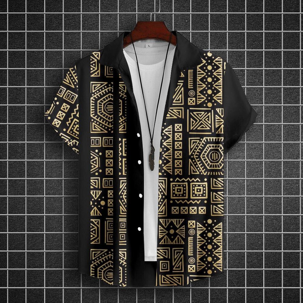 Camisa Barong Masculina Retrô Para Roupas Masculinas Listrada Étnica Estampada Tops Casual Verão Manga Curta 03