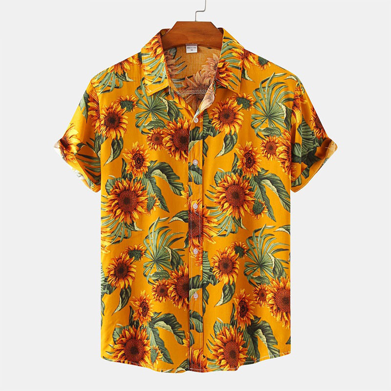 Botão De Verão Masculino Manga Curta Girassol Impresso Amarelo Floral Camisa Solta Tipo Plus em Oferta na Shopee