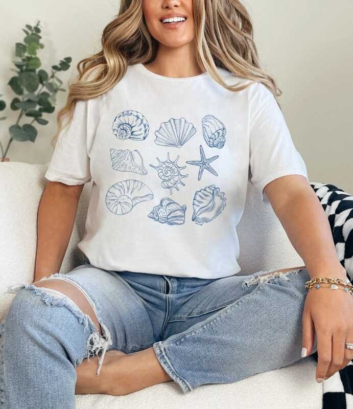 Camiseta de Concha do Mar, Camiseta de Vibrações de Verão, Amante do Oceano, Camiseta de Surf com Conchas, Roupas de Pra