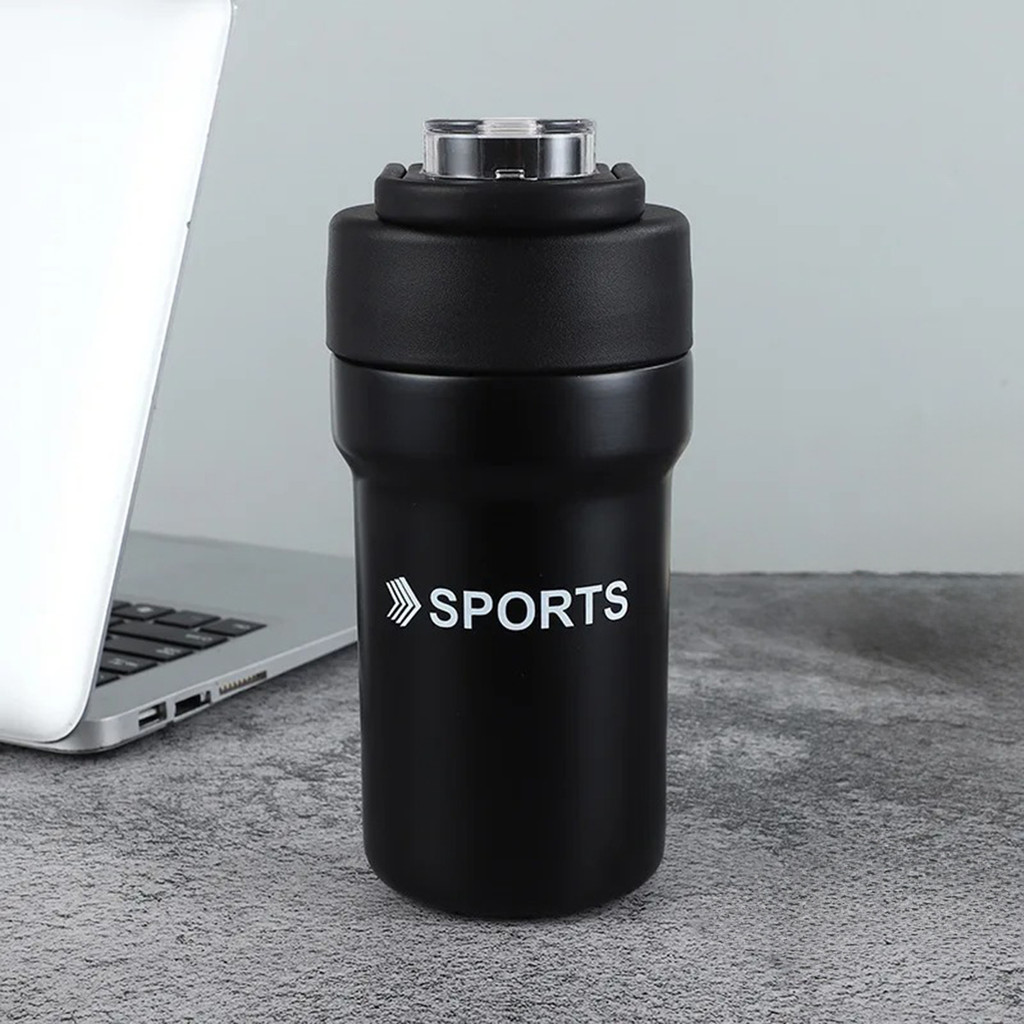 JS Garrafa Térmica Copo Inox 500ml Canudo Alça Esporte Academia Preto