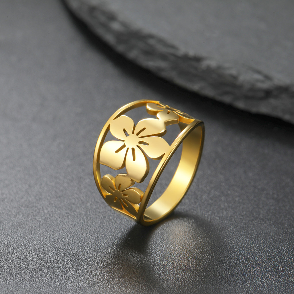 Moda Escavada Flor De Cerejeira Anel Aço Inoxidável Jóias Femininas em Oferta na Shopee