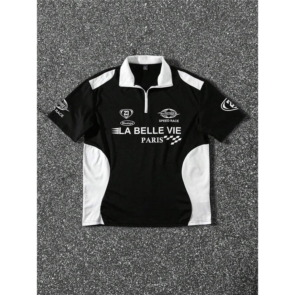 Camisa Polo masculina Manfinity EMRG com costura de cor sólida e zíper frontal com estampa de letras
