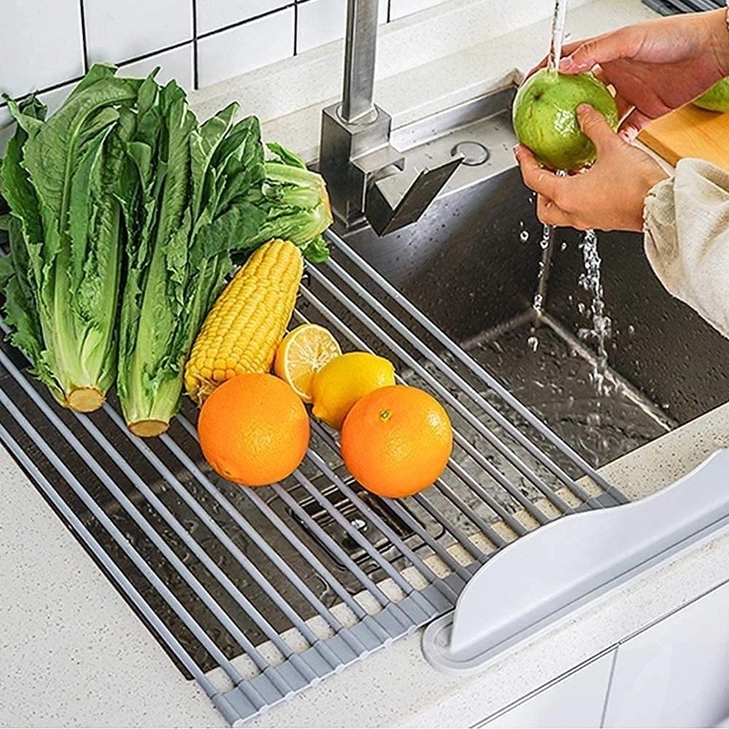 JS Escorredor de Pia Dobravel Portatil Aço Inox 47x30 Cm