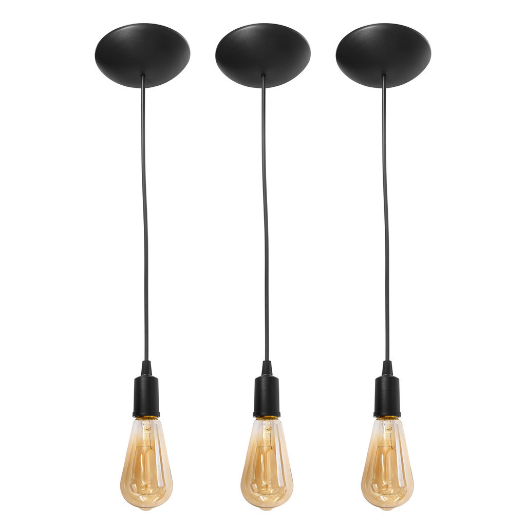 Kit 3 Pendente Lustre Luminarias Fio Simples Bocal Liso Cabo Retro Preto E-27 1 Metro Ajustável Com Canopla