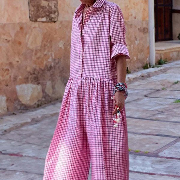 Moda xadrez camisa gola manga longa macacão Casual solto macacão primavera verão em Oferta na Shopee