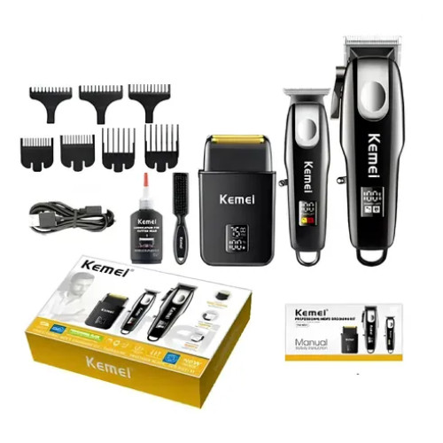 Kit Profissional Kemei 3 em 1 KM-6558 Maquina de Corte Acabamento e Barbeador