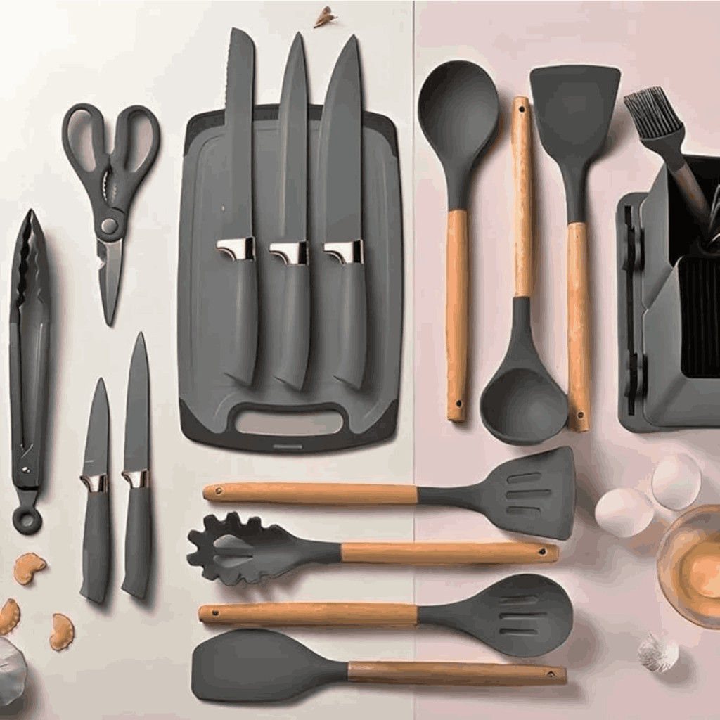 Kit 19 peças - Conjunto de Utensílios de Cozinha Completo, (silicone antiaderente) - cinza