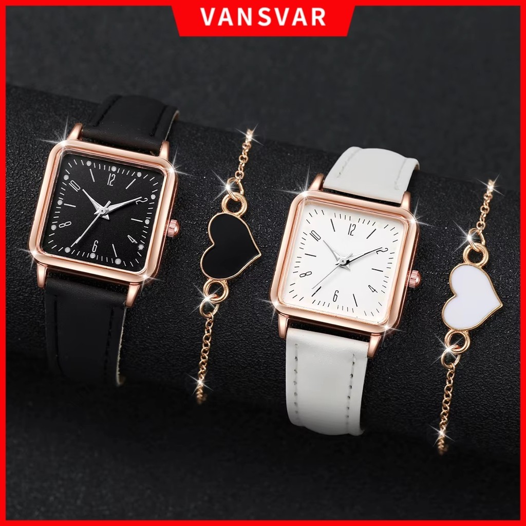 2 Pçs/Set Moda Quadrado Relógio Feminino Pulseira De Couro Relógios De Quartzo Conjunto De Coração em Oferta na Shopee