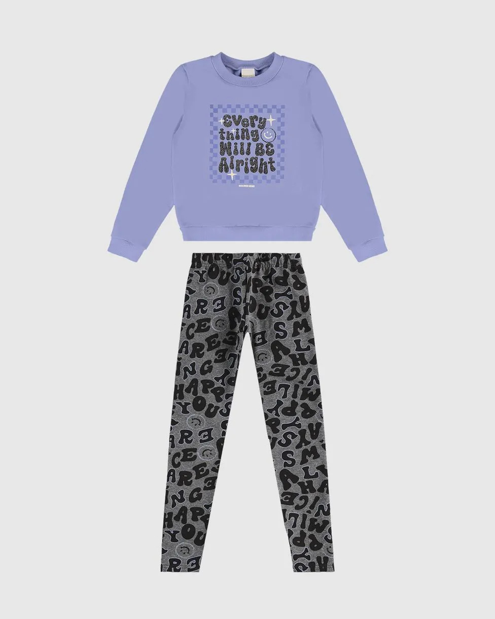 Conjunto Infantil Feminino Inverno Moletom Flanelado – Blusa Lilás + Calça Estampada Kids