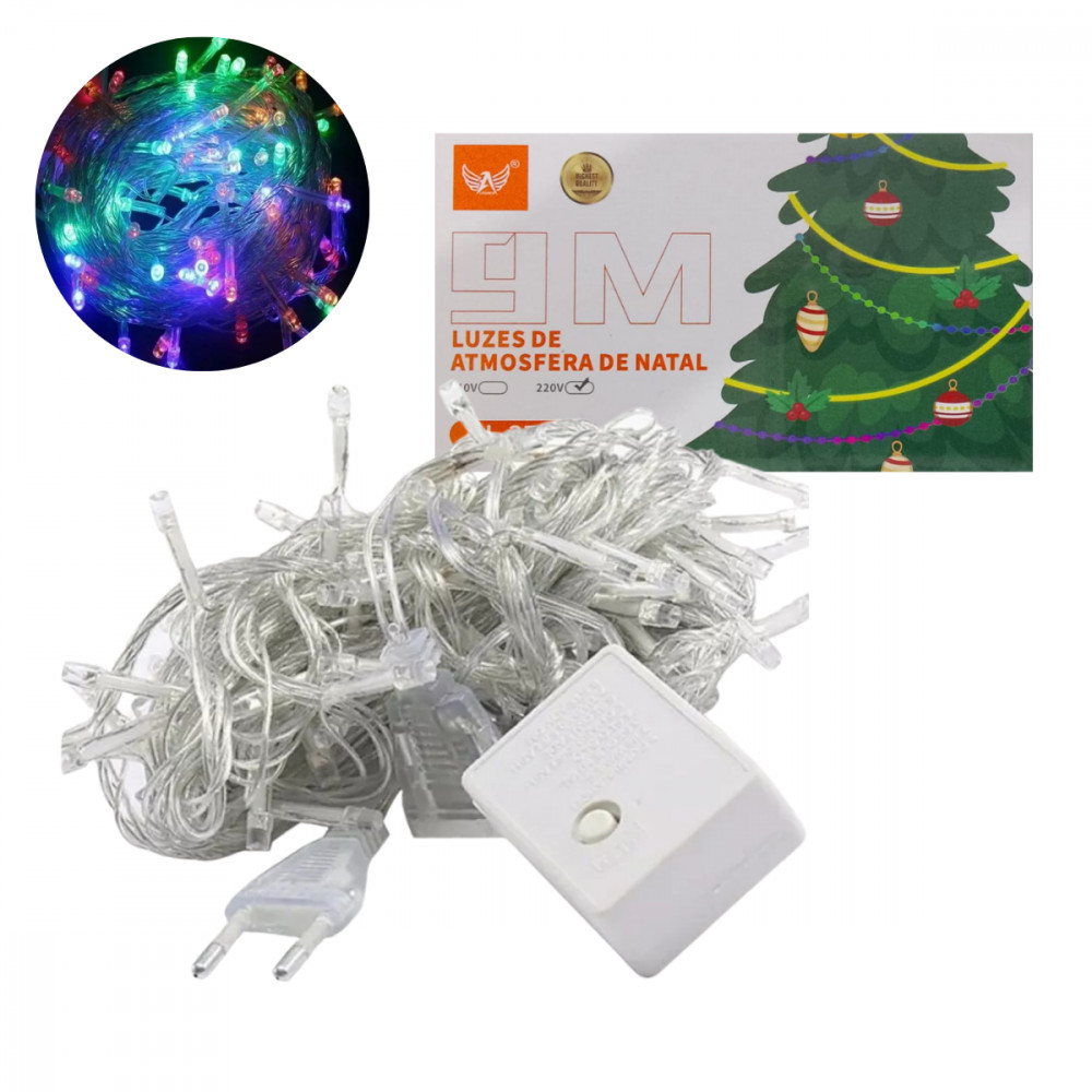 Luzes de Natal LED Coloridas 9m Fio Transparente 220V