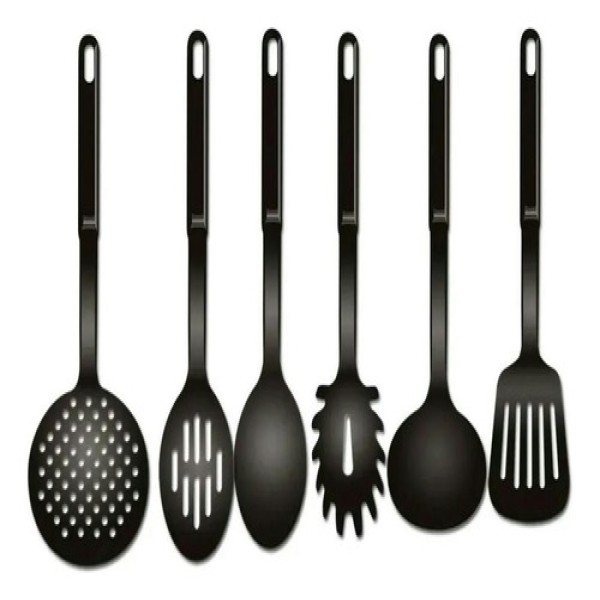 Conjunto Kit Utensilio Cozinha Nylon Colher Concha Preto