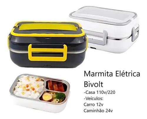 Marmita Elétrica Portátil 3 em 1 Com Divisórias Talher 110V e 12V para Carro Trabalho Escritório