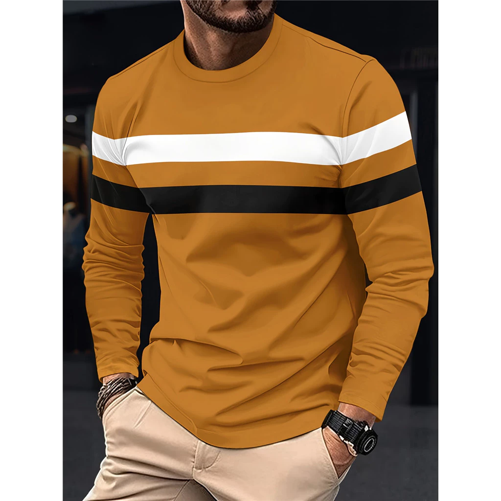 Camiseta Masculina Colorida Em Bloco , Confortável De Manga Comprida Com Gola Redonda , Roupas Masculinas Para Atividade — imagem 1