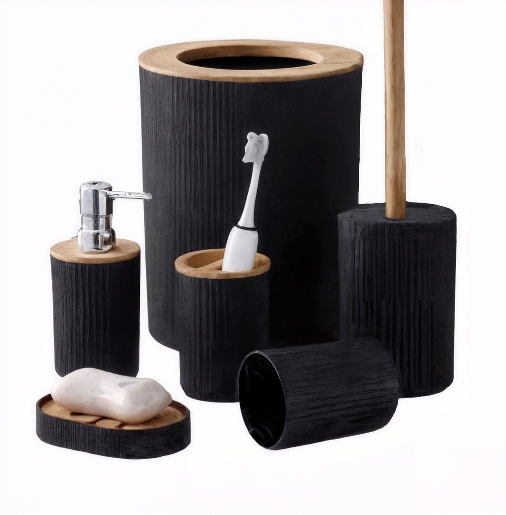 PRETO - Conjunto de Acessório para Banheiro  - Bambu 6 Peças BM-F1080A