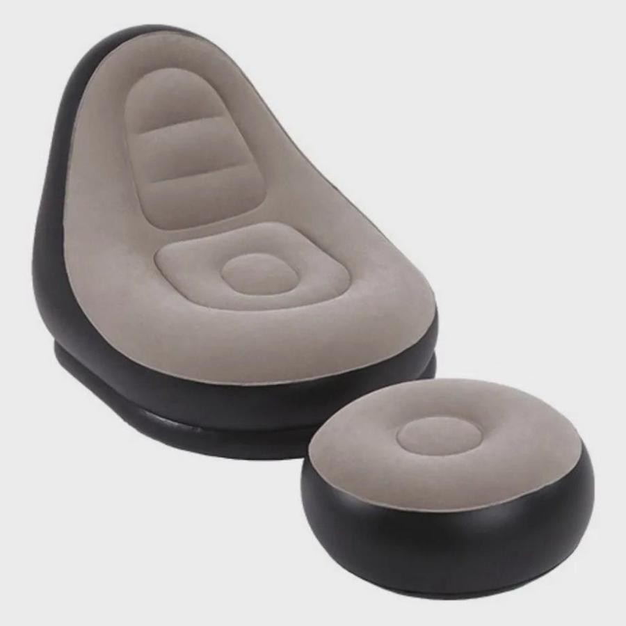 Sofá Inflável com Puff Cinza – Poltrona Confortável Multiuso para Sala, Quarto ou Lazer