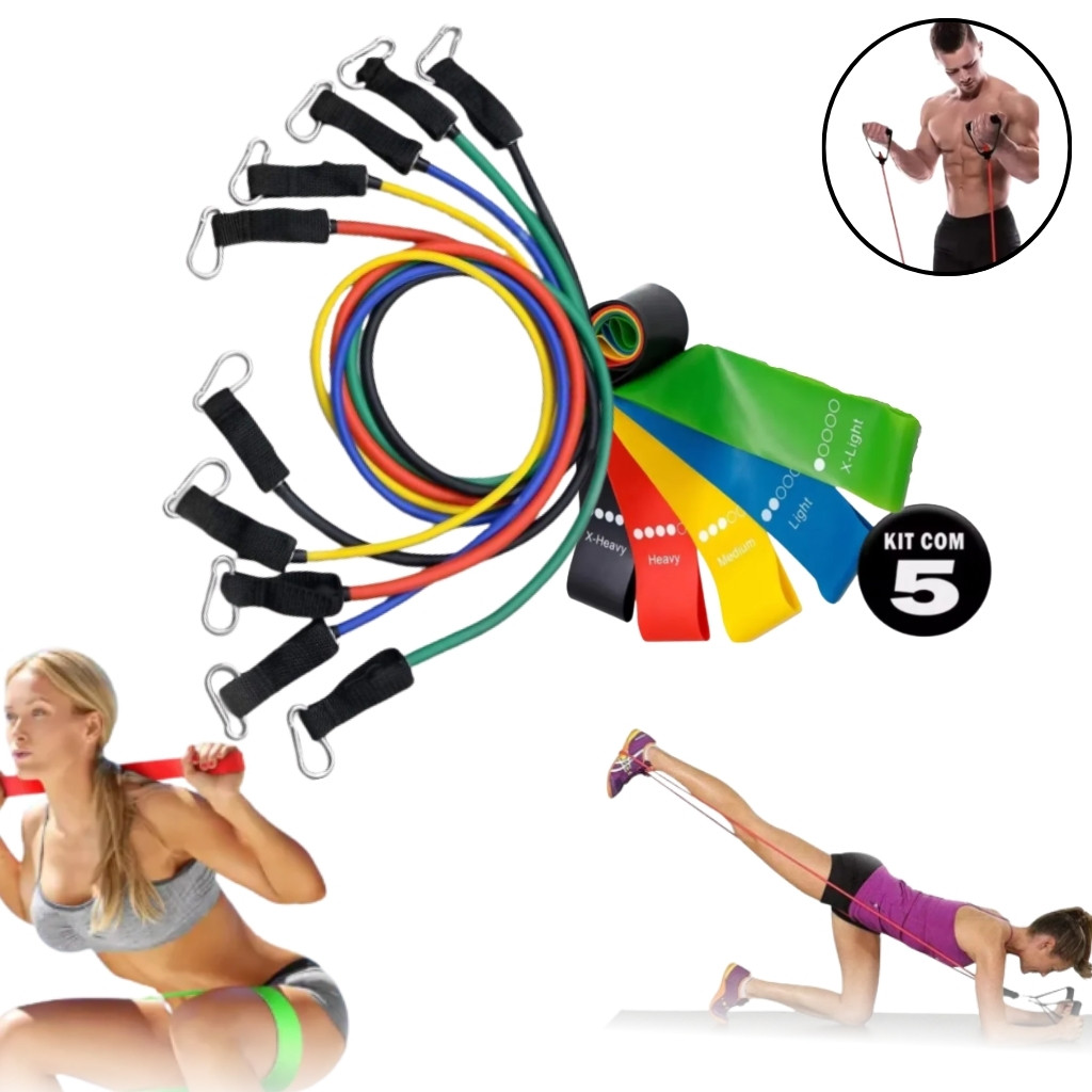 Kit 11 Elastico Extensor Treino Funcional Academia Em Casa Ginastica + 5 Mini Bands Faixas Funcional Exercícios Fitness