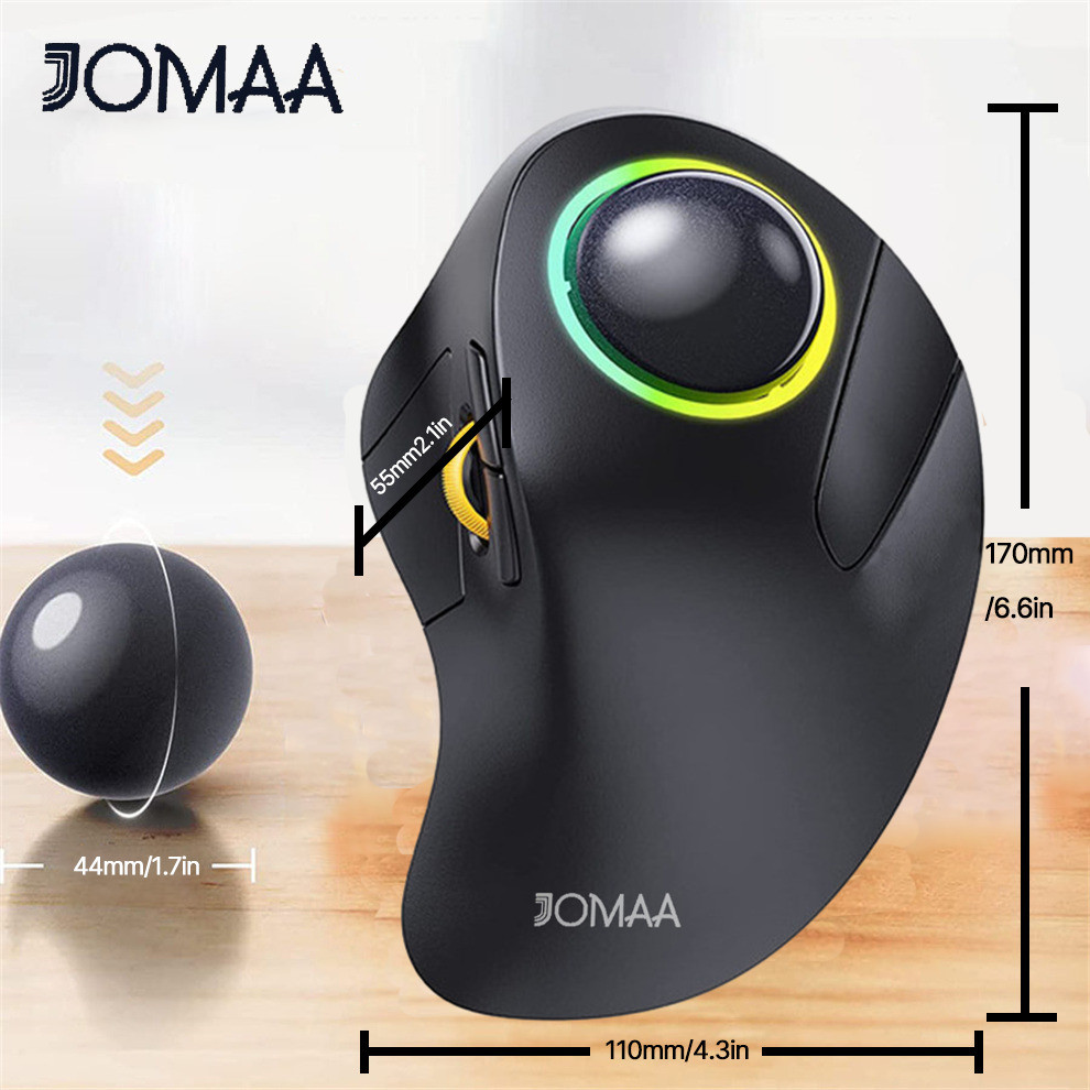 JOMAA Vertical Trackball Mouse RGB Retroiluminado Bluetooth USB Sem Fio Ergonômico Ratos Rollerball Para Computador Lapt
