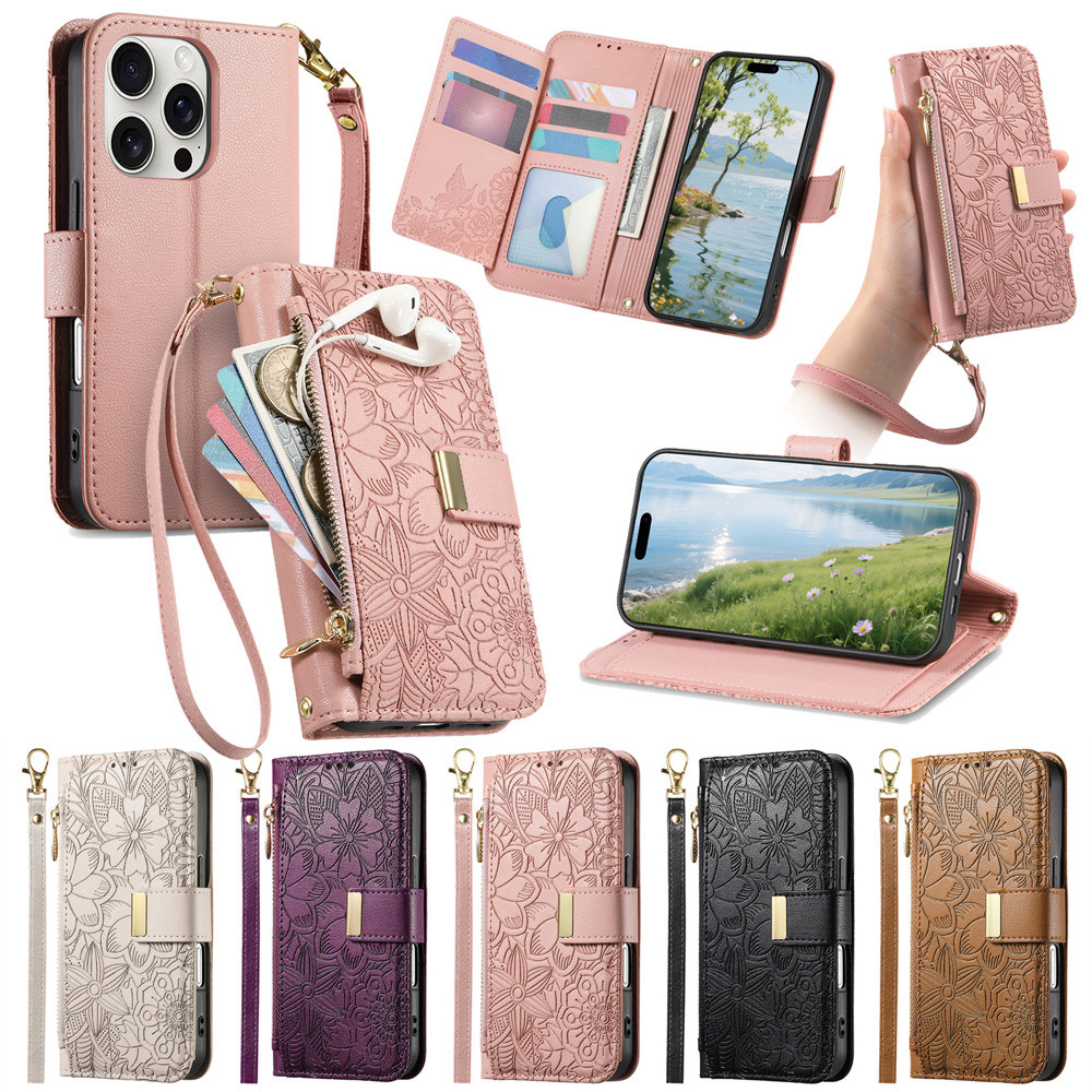 Capa Para Apple iPhone 17 16e 16 15 14 Pro Max Plus Air Carteira Flor Em Relevo Luxo Zíper Flip Folio Inquebrável Alça em Oferta na Shopee