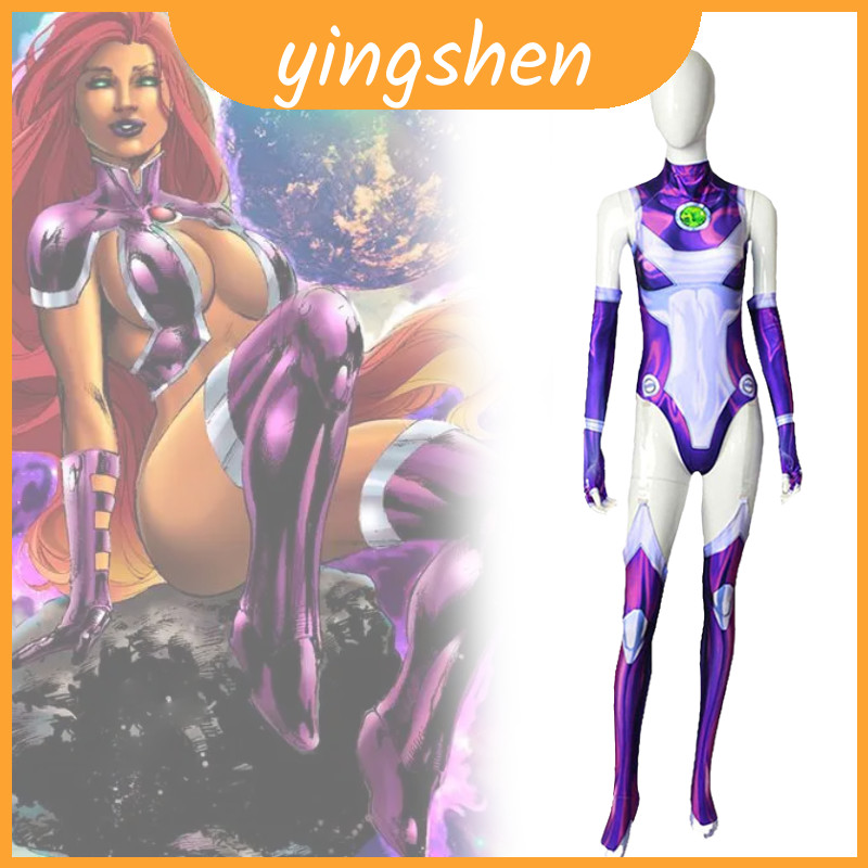 Teen Titans Starfire Bodysuit Traje Tecido Elástico Zíper Traseiro Invisível