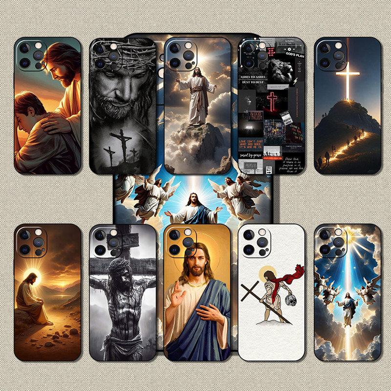 Capa De Telefone Preta Macia E Elegante Para iPhone 12 13 14 15 Pro Max Jesus