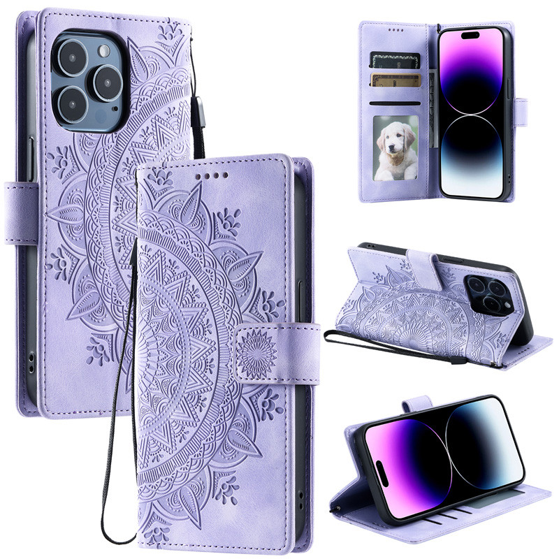 Capa Para Apple iPhone 16 17 15 14 Pro Max Plus 17e 16e Carteira De Couro Flip Folio Mandala Flor Titular Do Cartão Tele