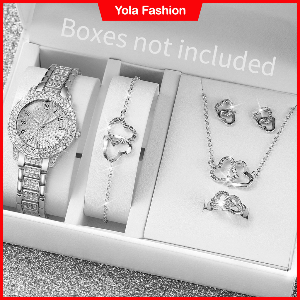 Conjunto 6PCs Mulher Relógio Luxo Leve Diamante Número Romano Discagem Em Aço Inoxidável Cinta De Quartzo Com Coração em Oferta na Shopee
