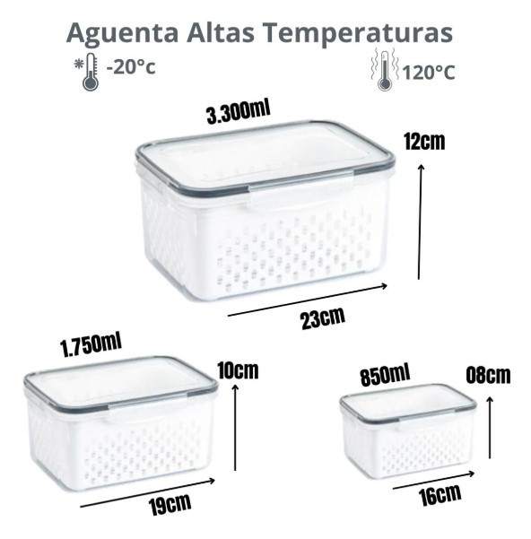 Conjunto de s Organizadores com 3 potes Herméticos De Geladeira para frutas, alimentos inclui Cesto tampa BM-F1040