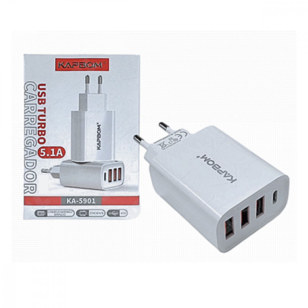 Carregador Turbo 5.1A 3 USB + Tipo C - Power e Praticidade!