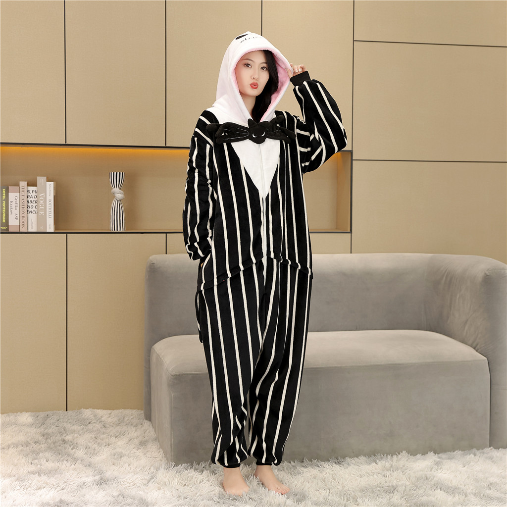 Kigurumi Skellington Jack Pijama De Flanela De Desenho Animado Baju Tidur Mulheres Homens Pijamas Com Capuz Macacões Tra