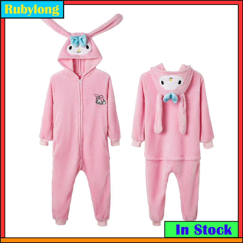 Pijama De Flanela Unissex Kigurumi My Melody Cartoon Mulheres Homens Pijamas Com Capuz Crianças Macacões Trajes De Cospl