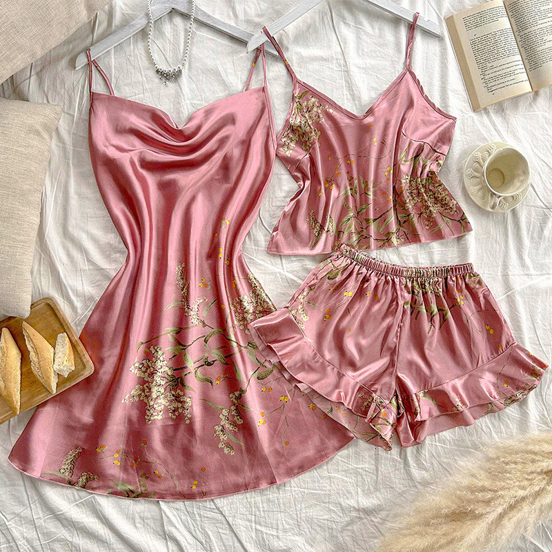 3 Pçs Conjunto Pijamas Femininos De Seda Gelo Sexy Sem Costas Camisola Fina Simples