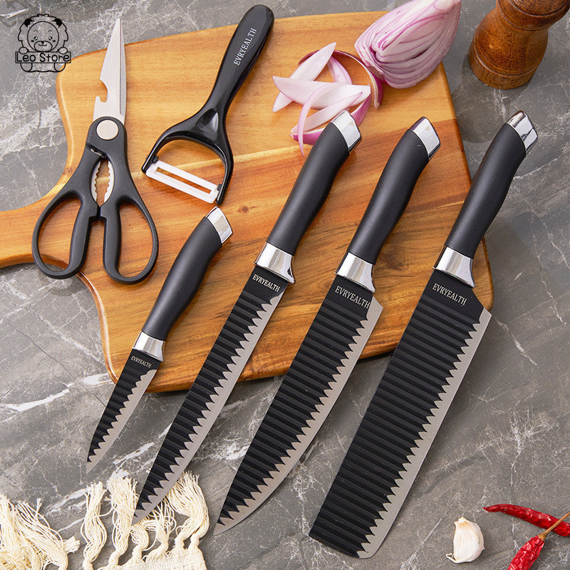 Kit facas de cozinha/Churrasco Profissional Antiaderente 6 Peças Preto/colorido