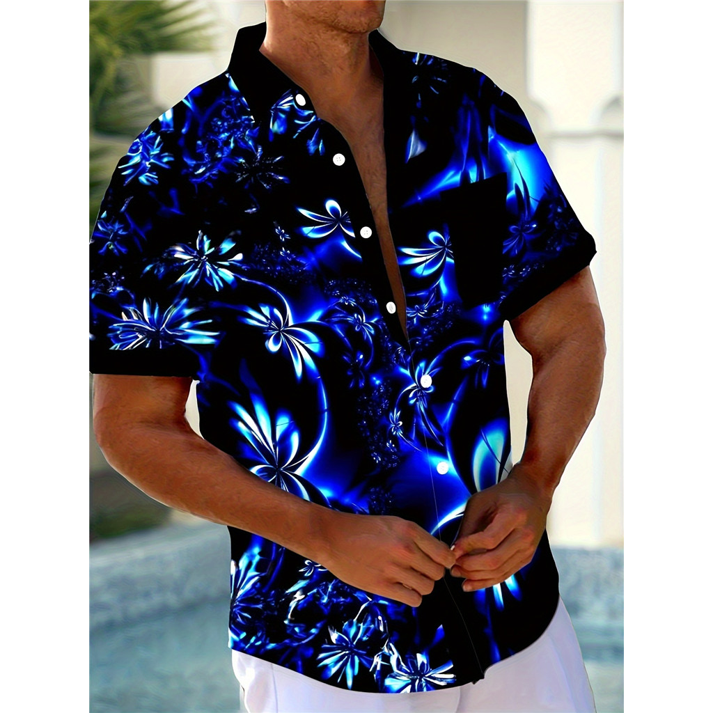 Camisa Masculina Havaiana Fluorescente Gradiente Arte 3D Estampa Floral Com Botão E Bolso De Manga Curta