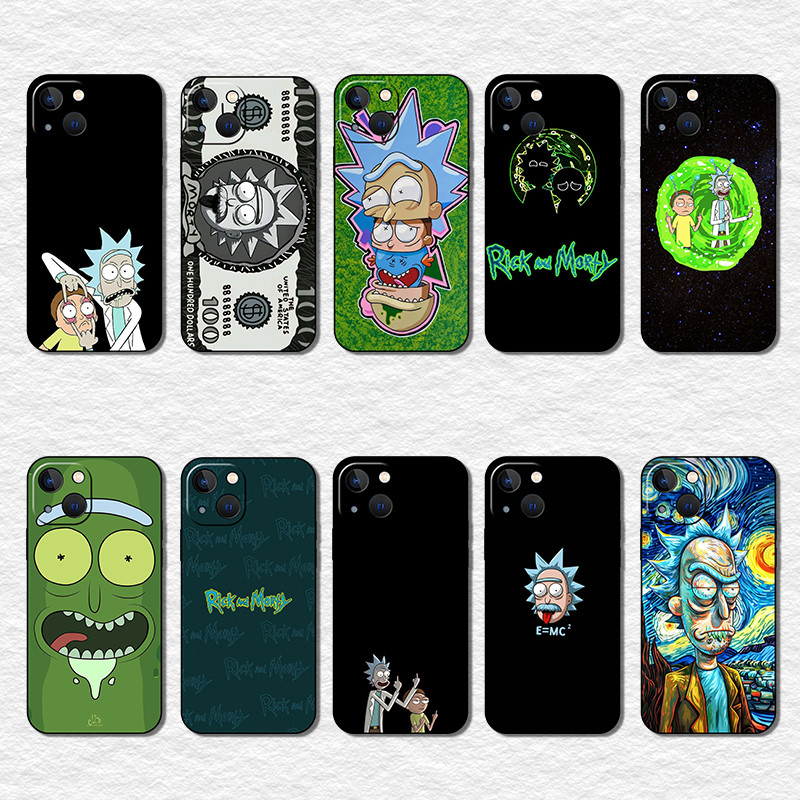 Capa De Telefone Preta Macia E Elegante Para iPhone 13 14 15 Plus RH50 Rick Morty