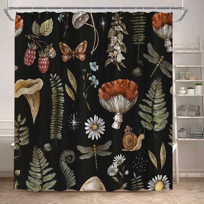 Cortina De Chuveiro De Cogumelo Rústico , Planta Floral , Folhas , Traça , Libélula , Preto , Cortinas De Banheiro , Tec