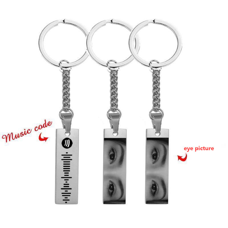 Personalizado Gravar Olho Barra De Imagem Chaveiro De Aço Inoxidável Casal Foto Código Música Pingente