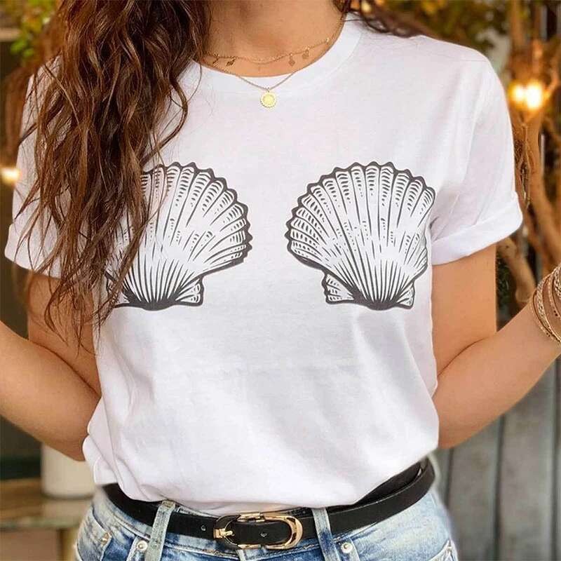 Camiseta Estampada de Concha de Sereia para Mulheres, Estética, Gráfico de Seios, Camiseta Engraçada, Top Casual de Verã