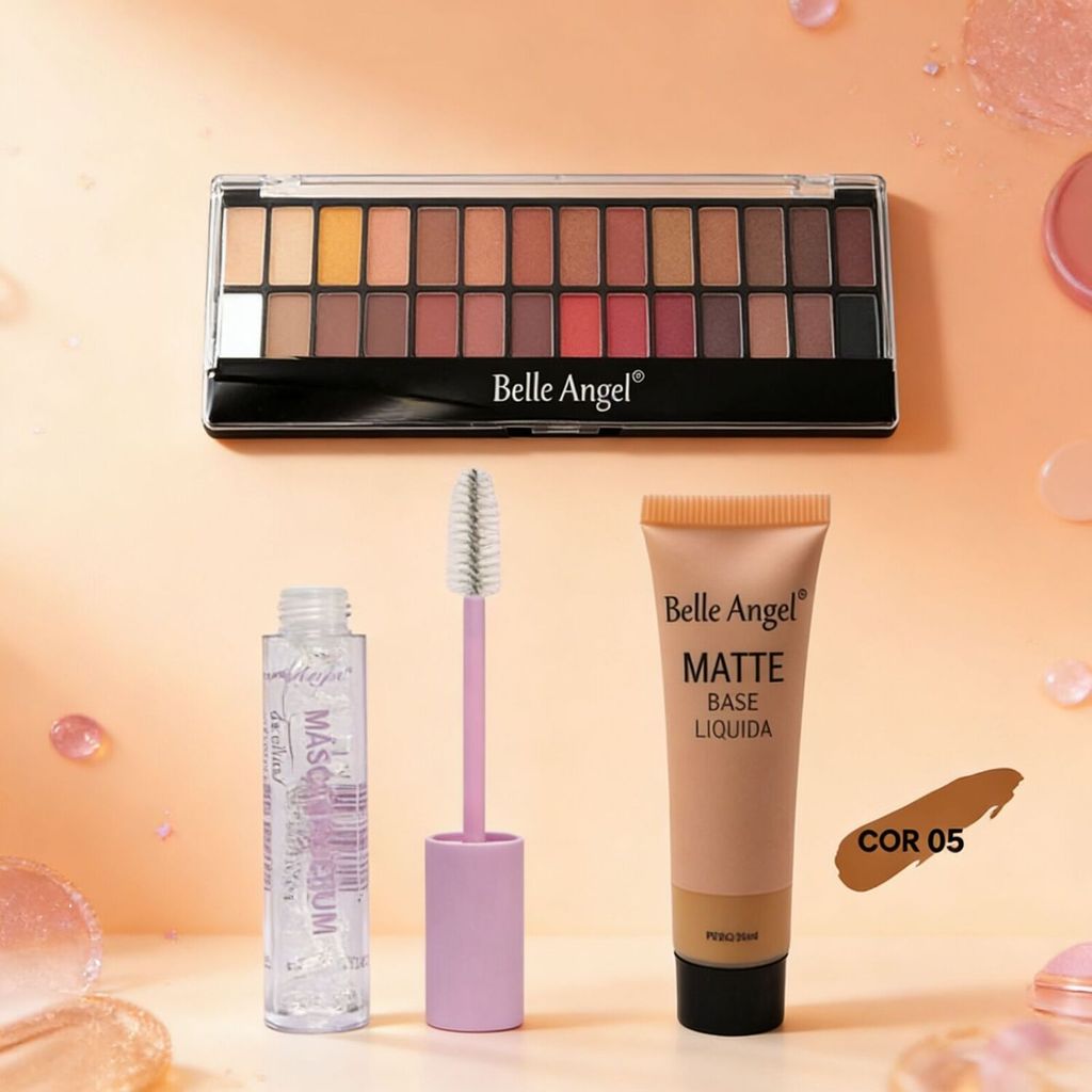 Kit Maquiagem Completa - Máscara Cílios + Base Matte + Paleta de Sombras Nude Belle Angel