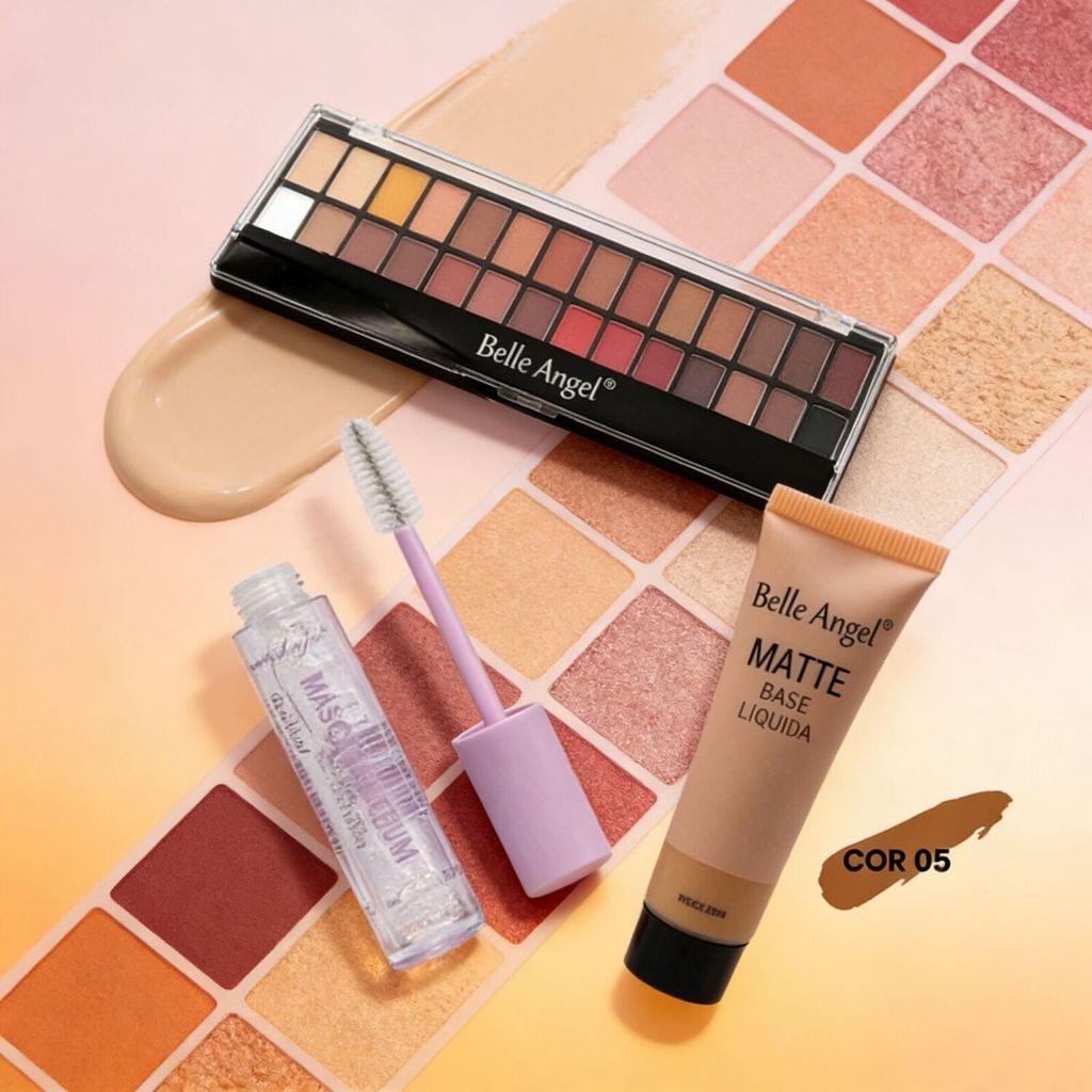Kit Maquiagem Completa - Base Matte, Máscara Cílios e Paleta de Sombras Nude Belle Angel