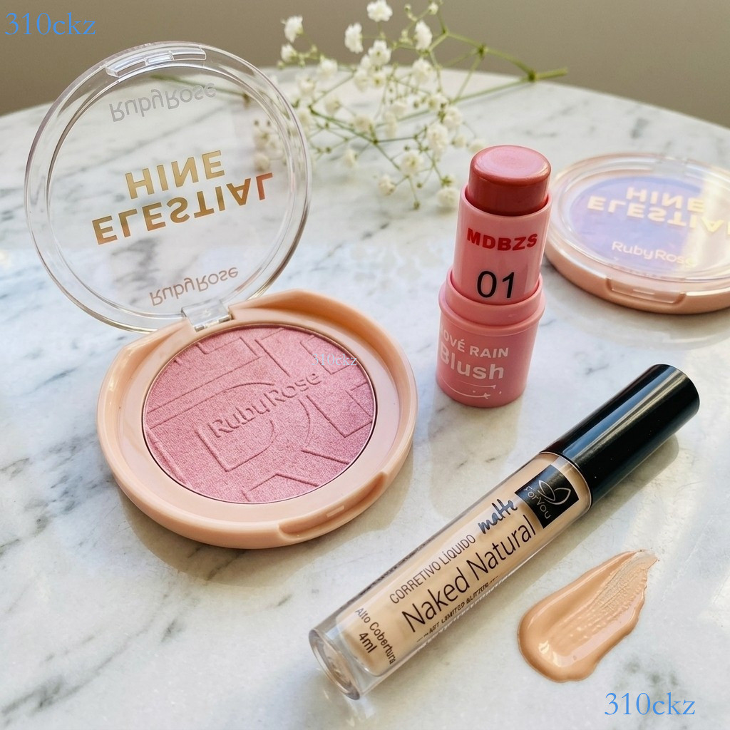 KIT Maquiagem 3 Pcs: Corretivo + Blush Stick + Iluminador Ruby Rose Pronta entrega ✨310ckz