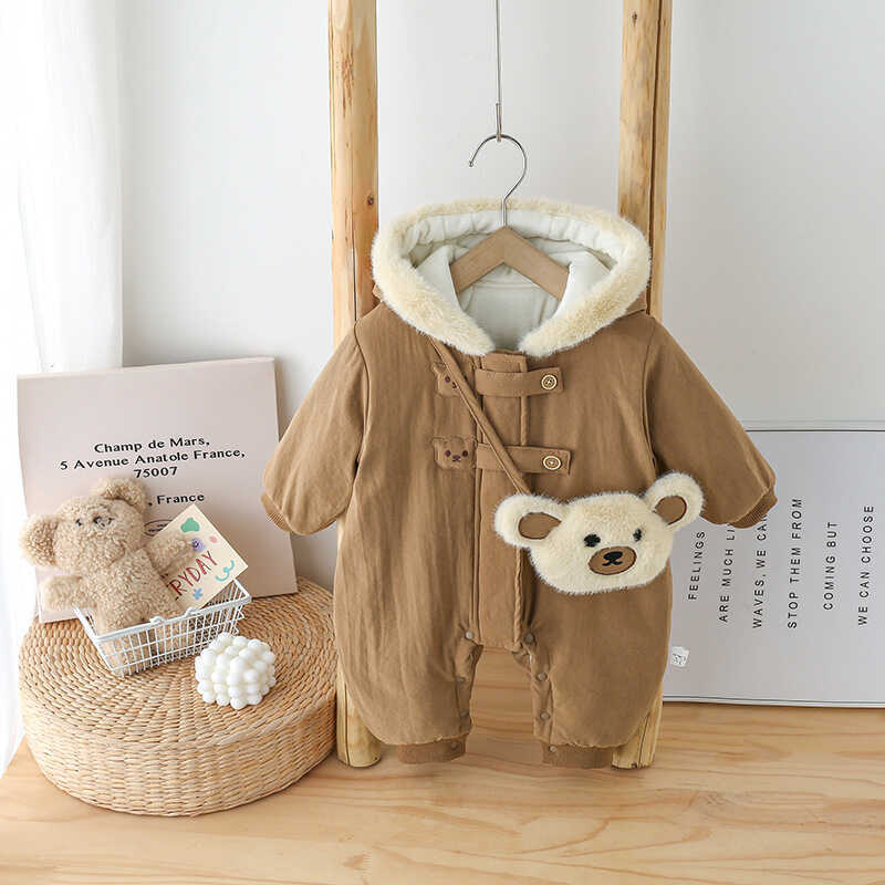 Roupas de bebê roupas de bebê roupas de inverno Super fofo urso bolsa de ombro Bodysuit lã-velo acolchoado quente roupas