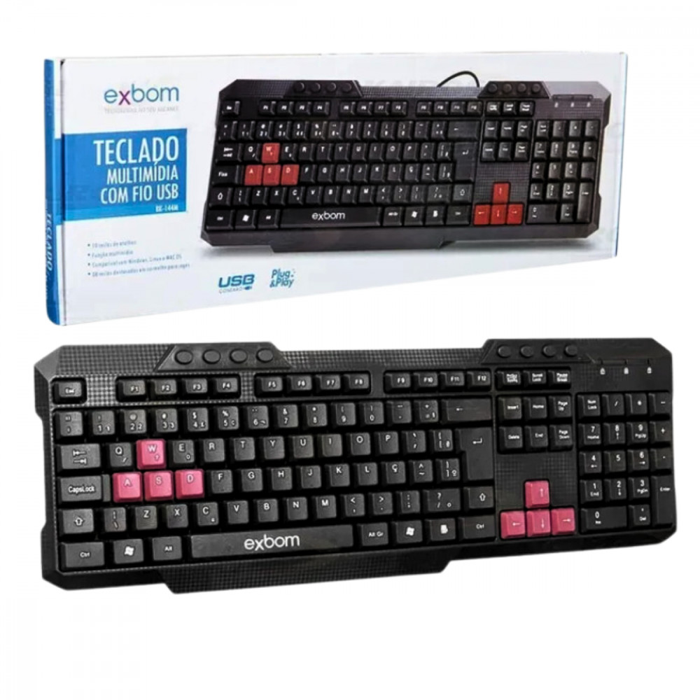 Teclado Gamer SemiMecânico Exbom ABNT2 USB Multimídia Teclas Destacadas WASD Plug & Play PC Notebook